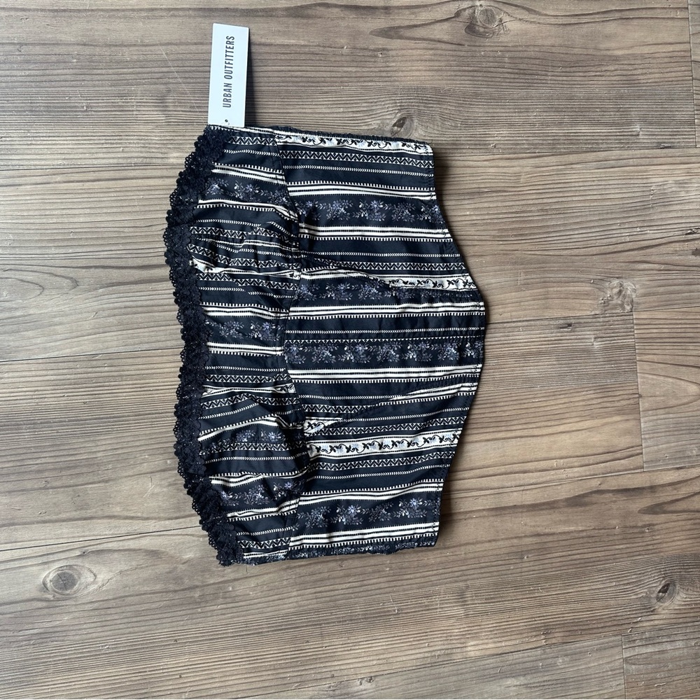 Urban Outfitters Navy and White Patterned Lace Trim Strapless Corset